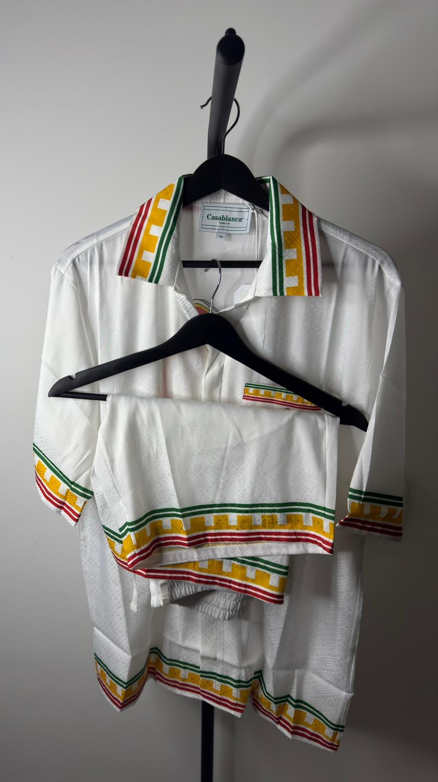 Casablanca Silk Shirt & Shorts Set – White Rasta Stripe (Pre-Loved)