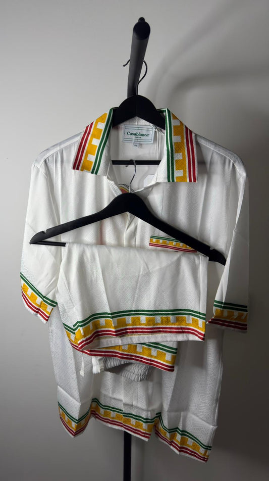 Casablanca Silk Shirt & Shorts Set – White Rasta Stripe (Pre-Loved)